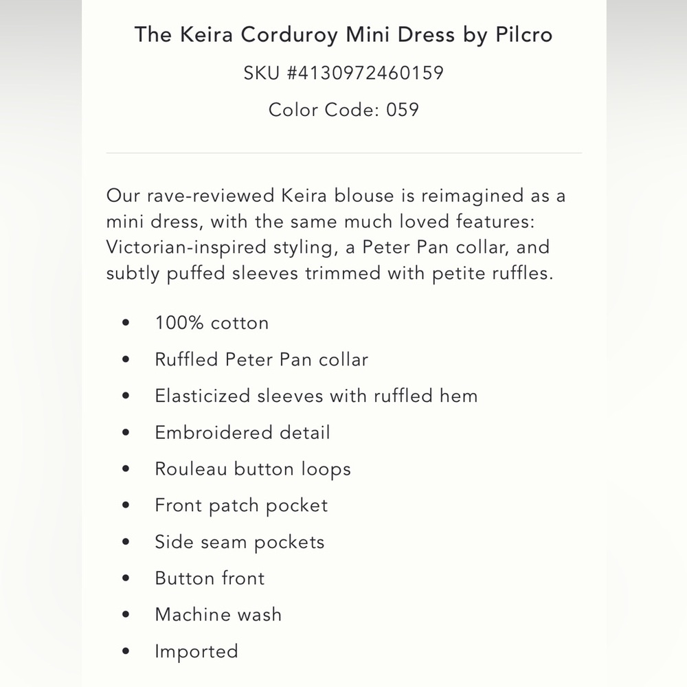 NWOT Anthropologie Pilcro Keira corduroy mini dress - Picture 6 of 6